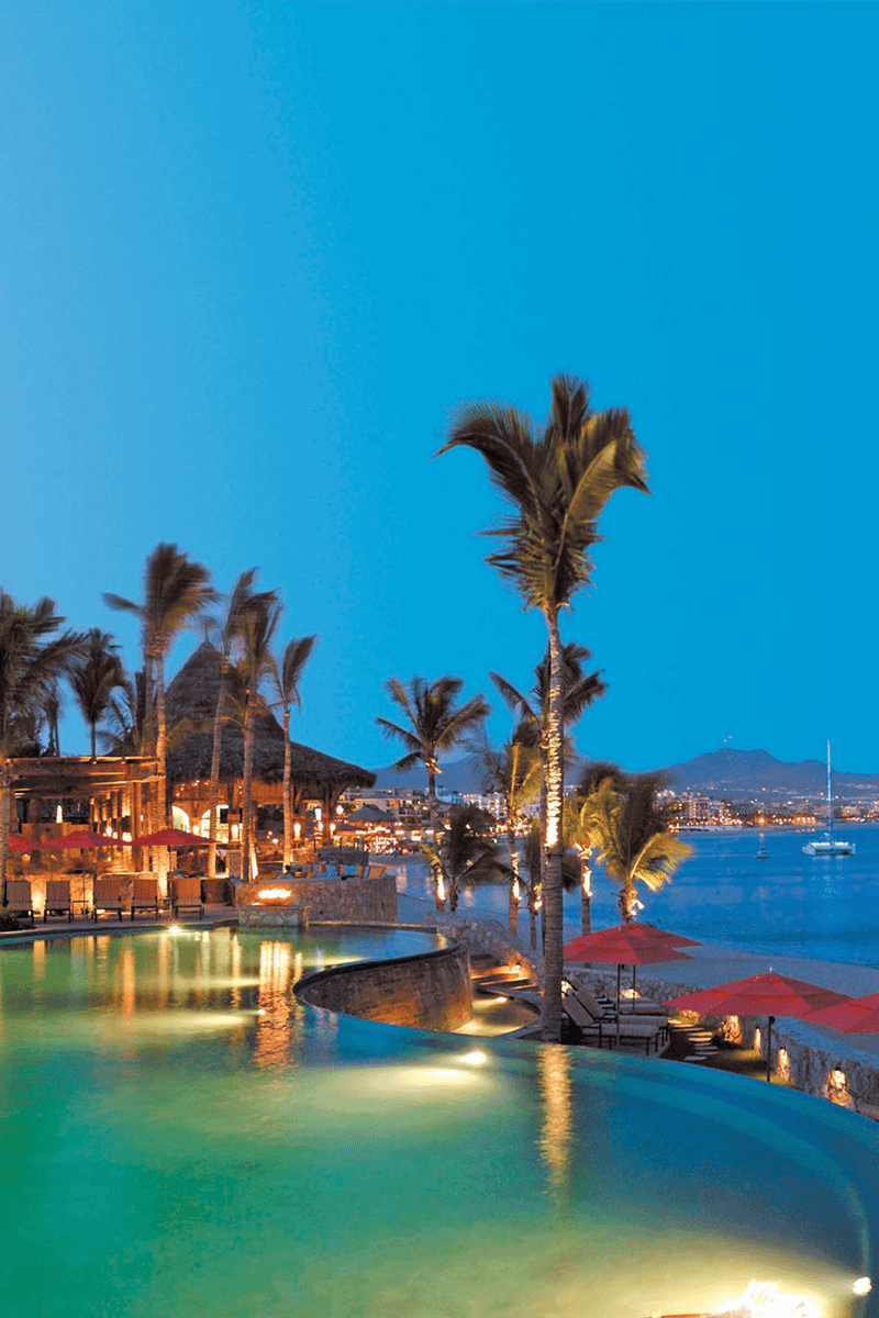 Hacienda Beach Club and the bay at dusk
